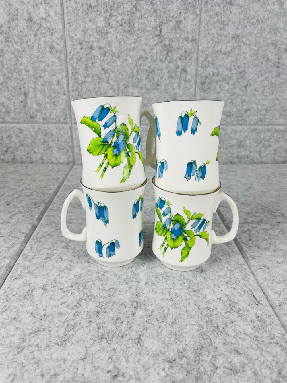 Vintage Crown Sterling Brighton Bluebells Fine Bone China Mugs Set of 4 England